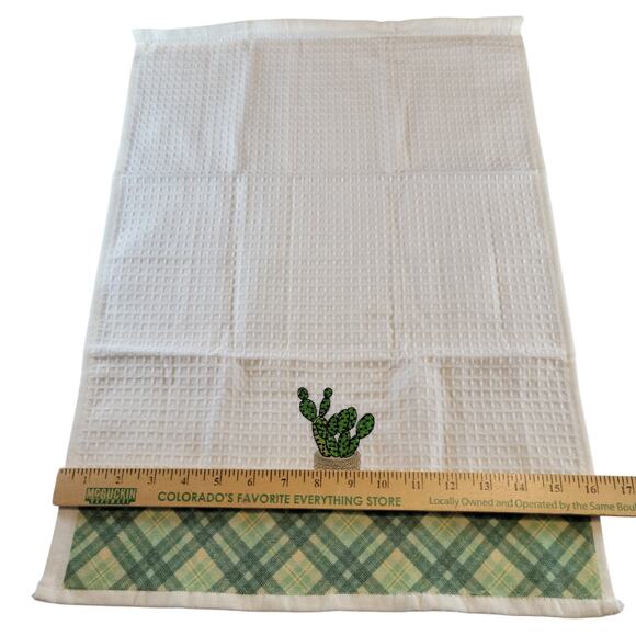 4 Cactus Kitchen Towels Lavien Embroidered Waffle Cotton Blend 16x24 Green Plaid - Picture 7 of 11